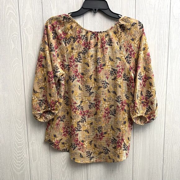 LOFT Tan Floral Tie Neck 3/4 Sleeve Blouse Size XS - Picture 6 of 6